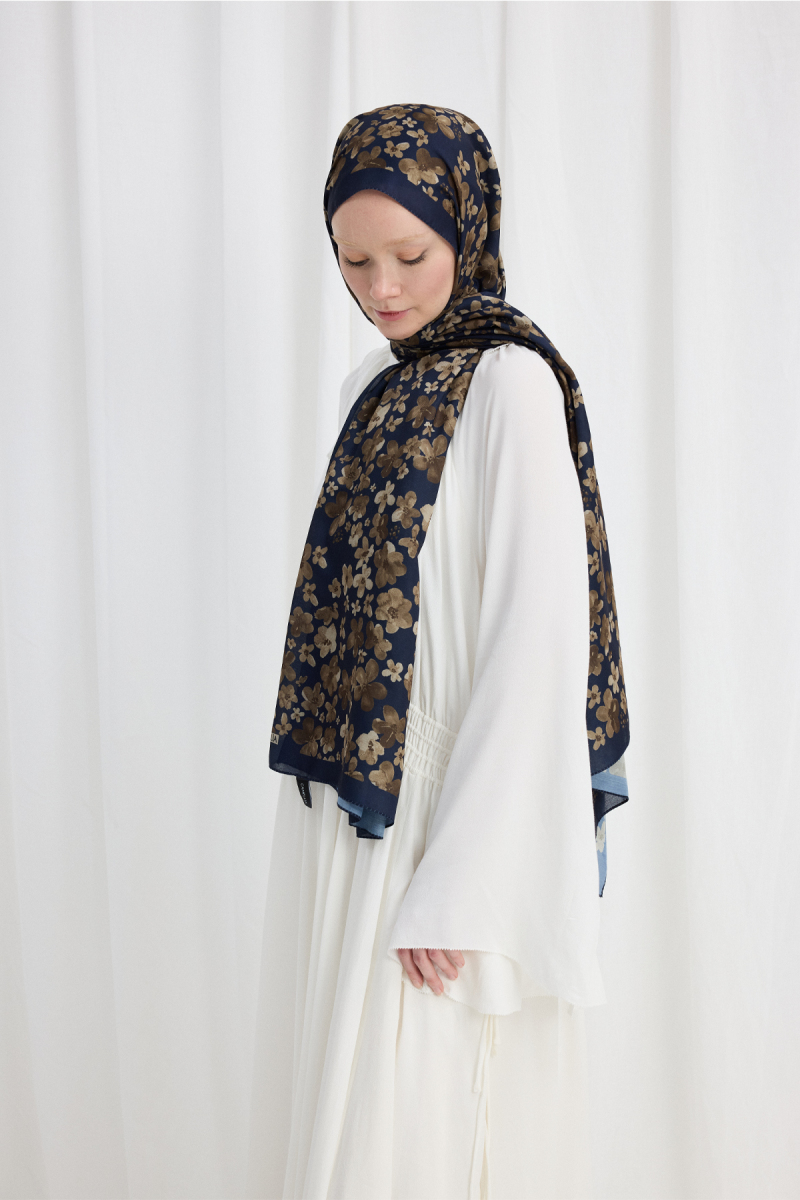 Blom Desen Soft Şal - Lacivert-Kahve - 2