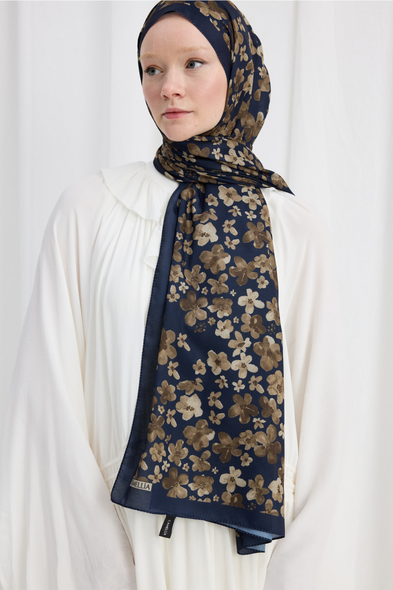 Blom Desen Soft Şal - Lacivert-Kahve - 4