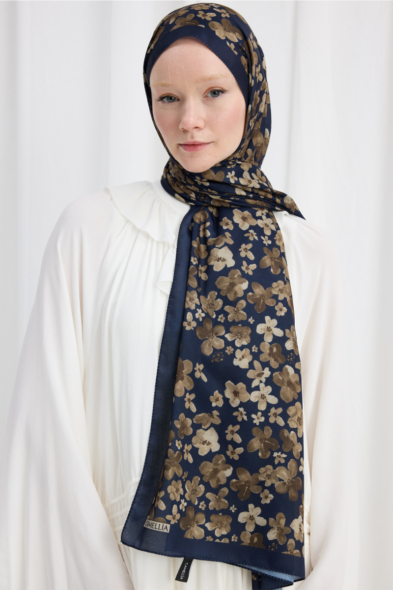Blom Desen Soft Şal - Lacivert-Kahve - 3