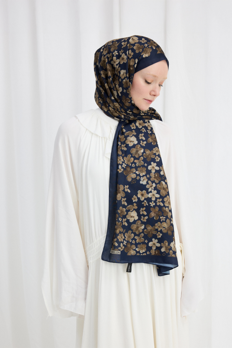 Blom Desen Soft Şal - Lacivert-Kahve - 1