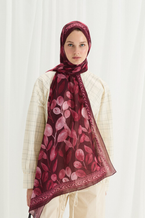 Camellia İpek Krep Şal - Bordo 