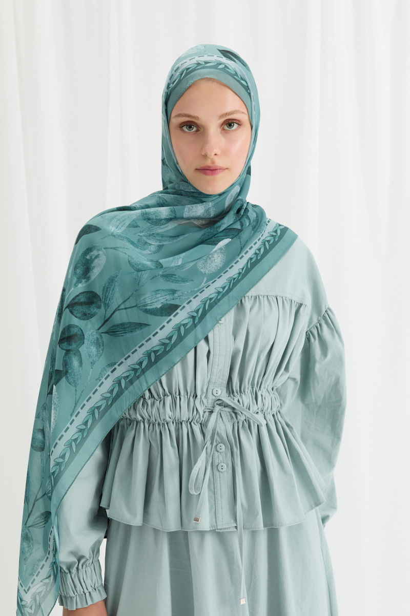 Camellia İpek Krep Şal - Turkuaz - 1