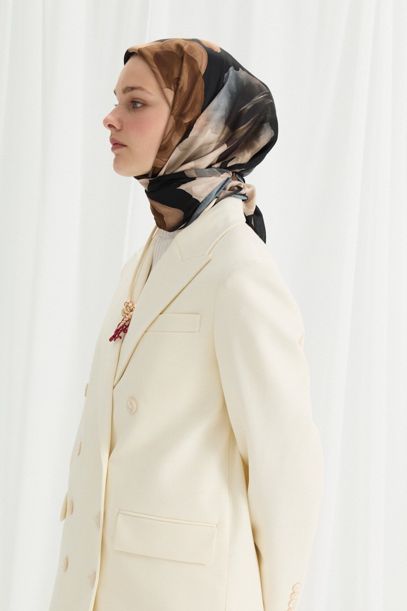 Lotus Desen Soft Eşarp - Siyah-Bej - 3