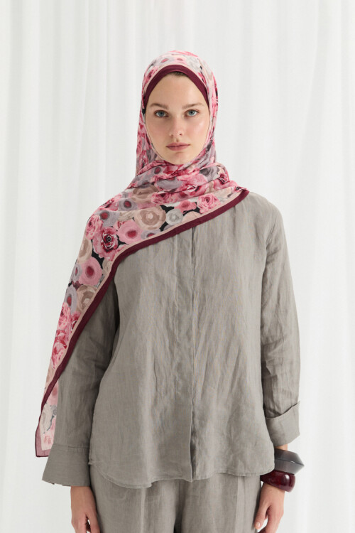 Rosemary Kraş Şal - Bordo-Krem 