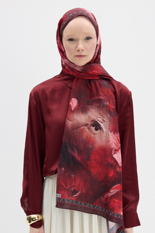 Sera Desen Kraş Şal - Bordo 