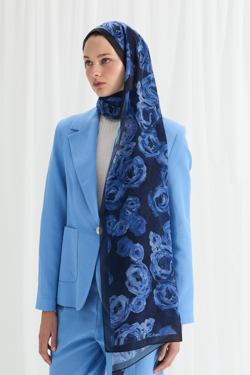 Valeria İpek Krep Şal - Lacivert - 2