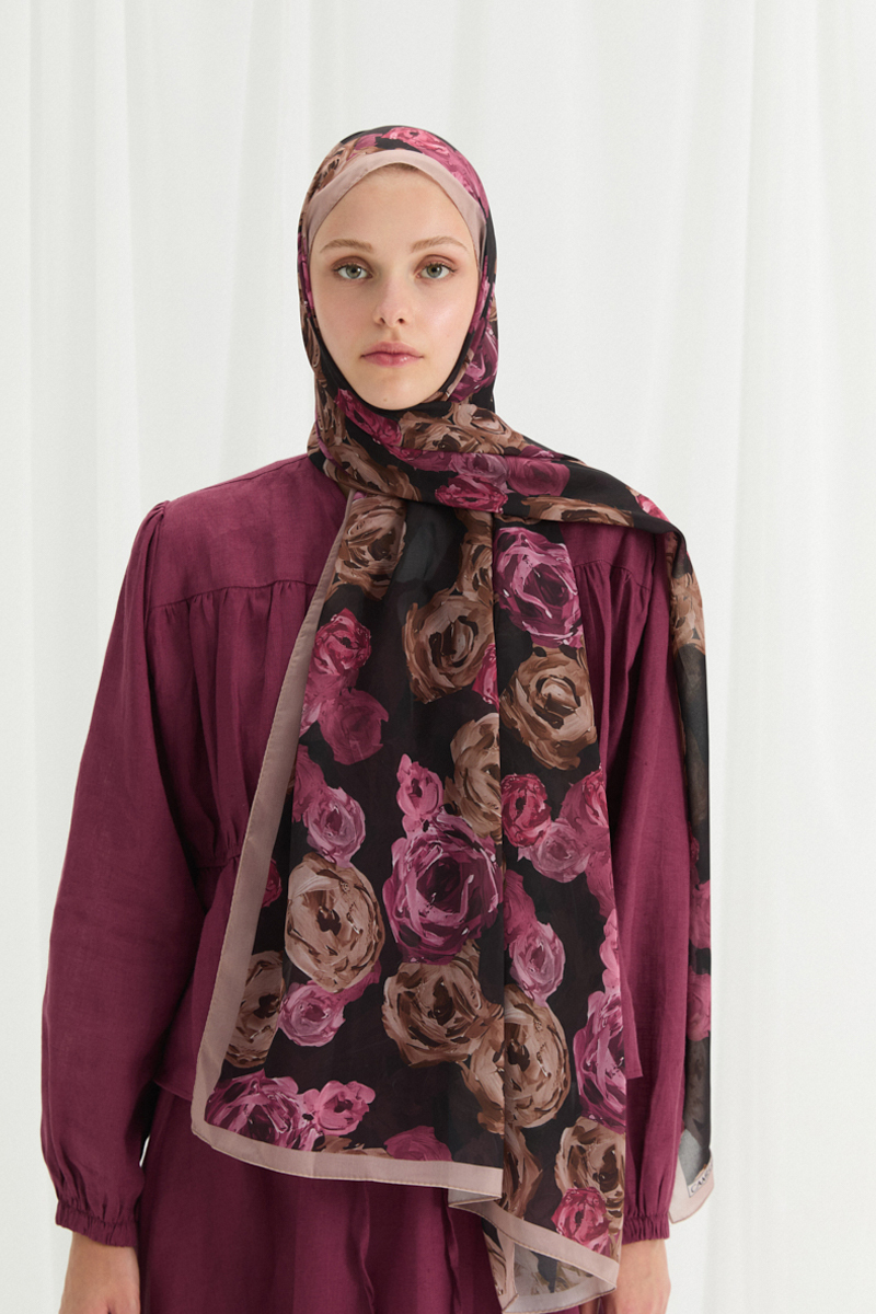 Valeria İpek Krep Şal - Pembe-Kahve - 1